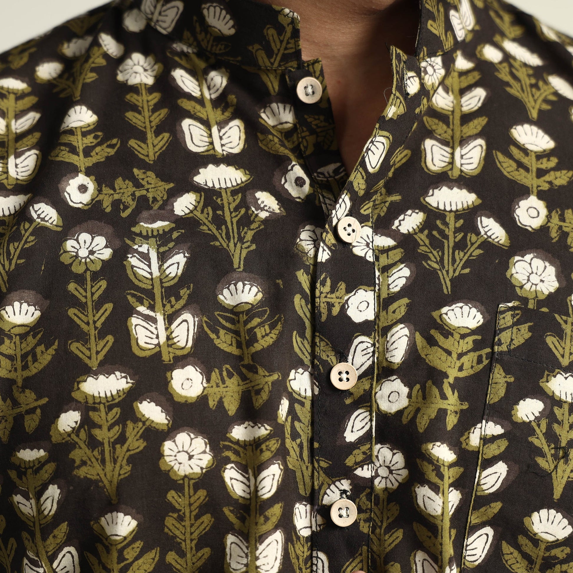 Black & Green - Bagru Block Printed Cotton Men Short Kurta