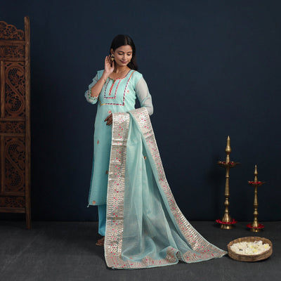Blue - Elegant Gota Work Silk Kota Doria Kurta Set 01