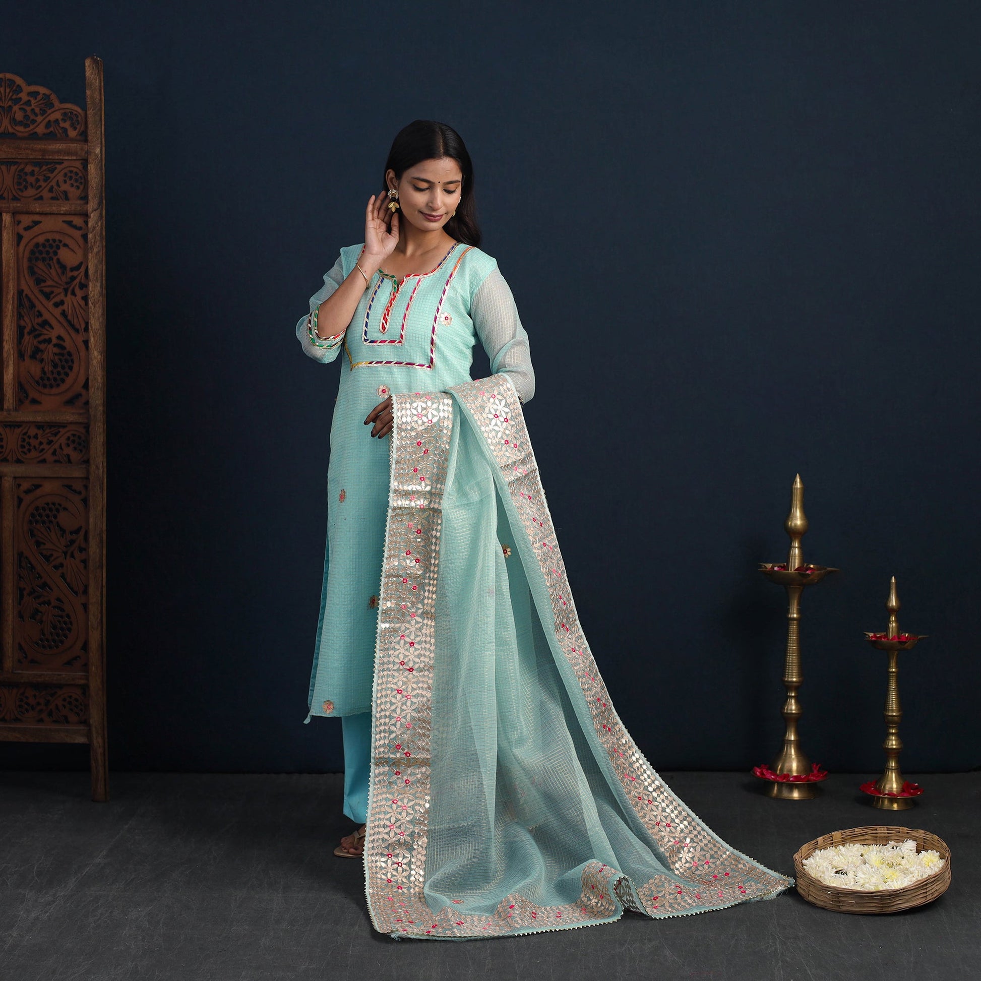 Blue - Elegant Gota Work Silk Kota Doria Kurta Set 01