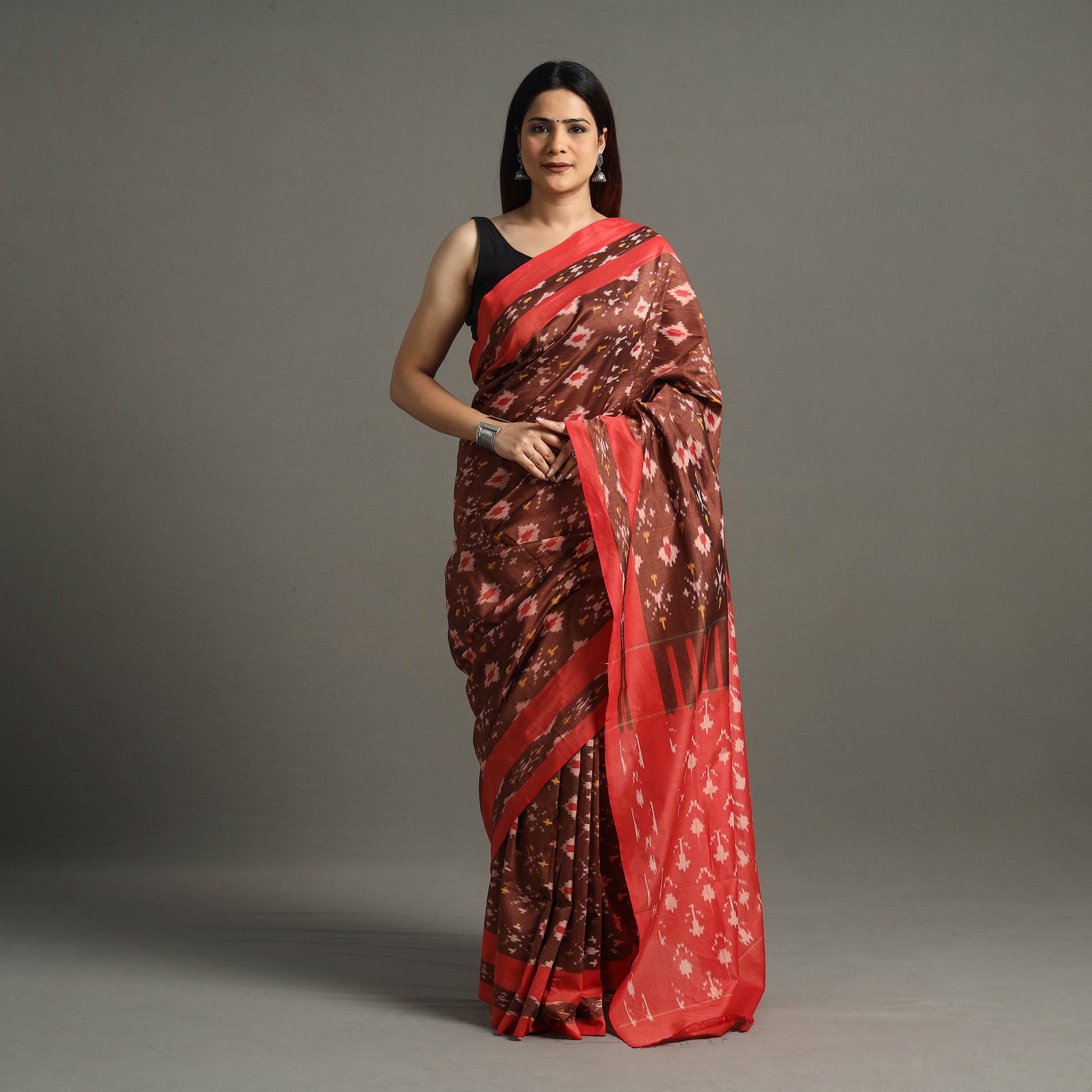 Brown - Mercerised Cotton Pochampally Ikat Saree 02