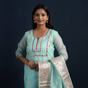 Blue - Elegant Gota Work Silk Kota Doria Kurta Set 01