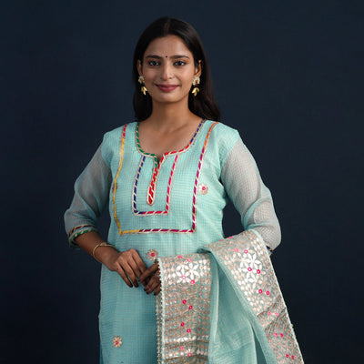 Blue - Elegant Gota Work Silk Kota Doria Kurta Set 01