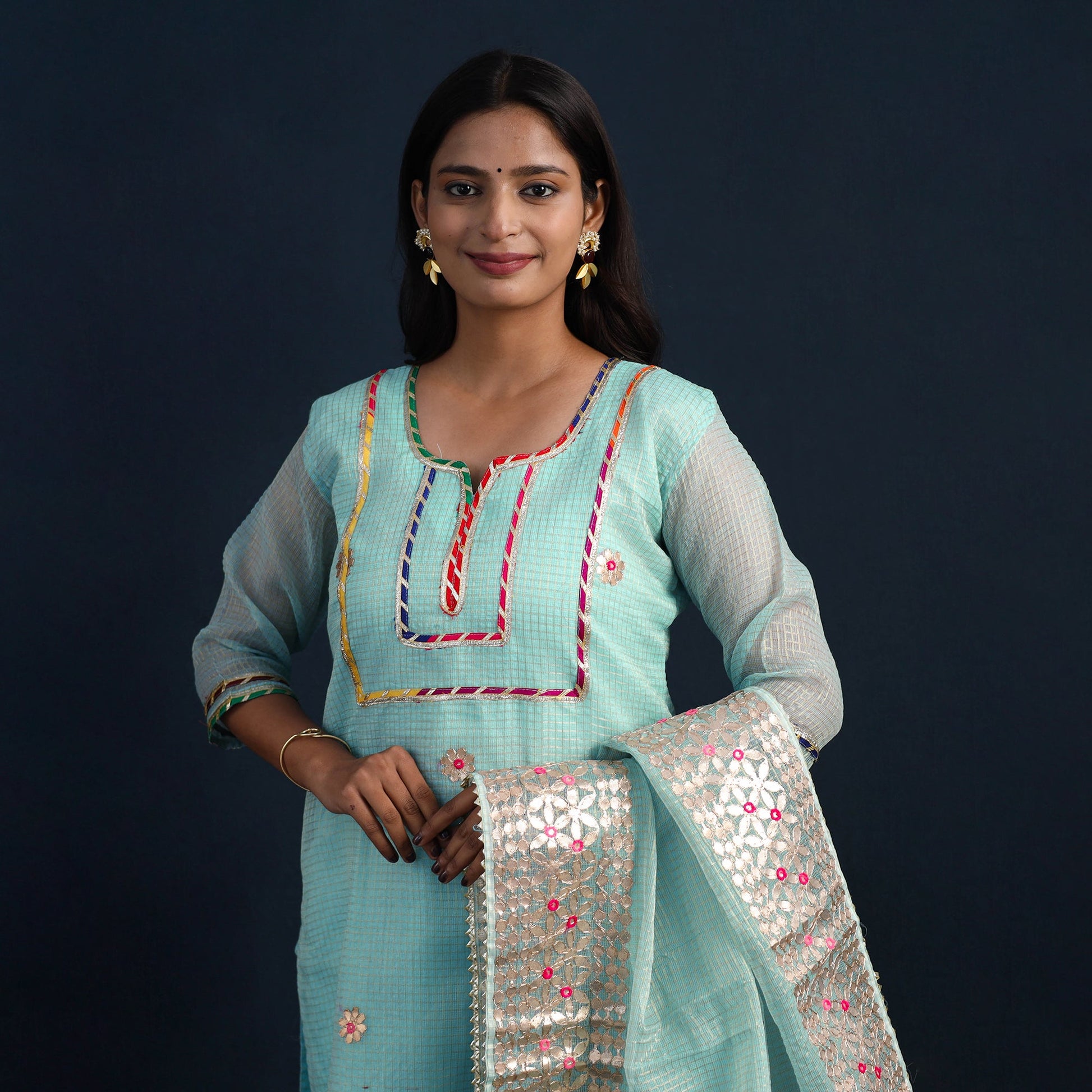 Blue - Elegant Gota Work Silk Kota Doria Kurta Set 01