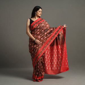 Brown - Mercerised Cotton Pochampally Ikat Saree 02