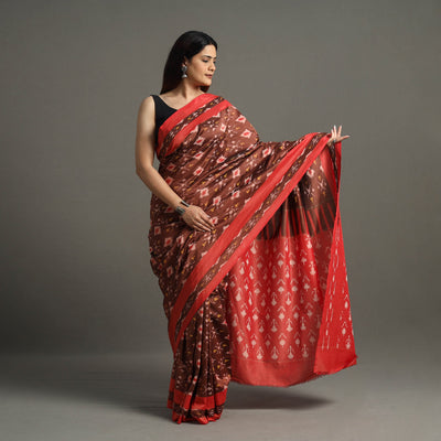 Brown - Mercerised Cotton Pochampally Ikat Saree 02