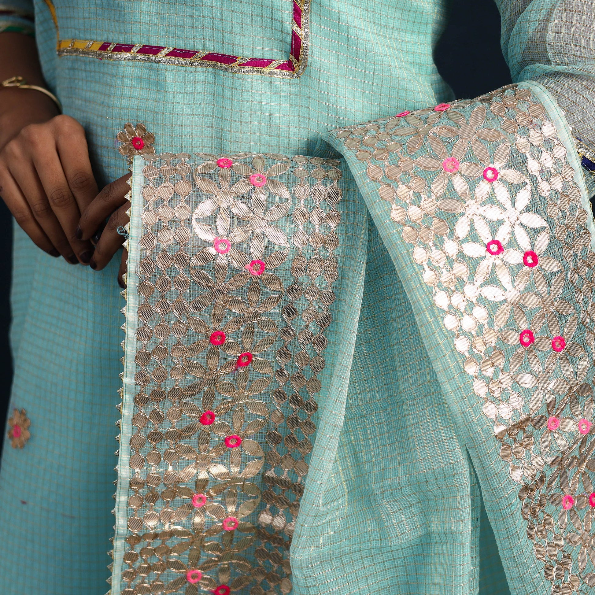 Blue - Elegant Gota Work Silk Kota Doria Kurta Set 01
