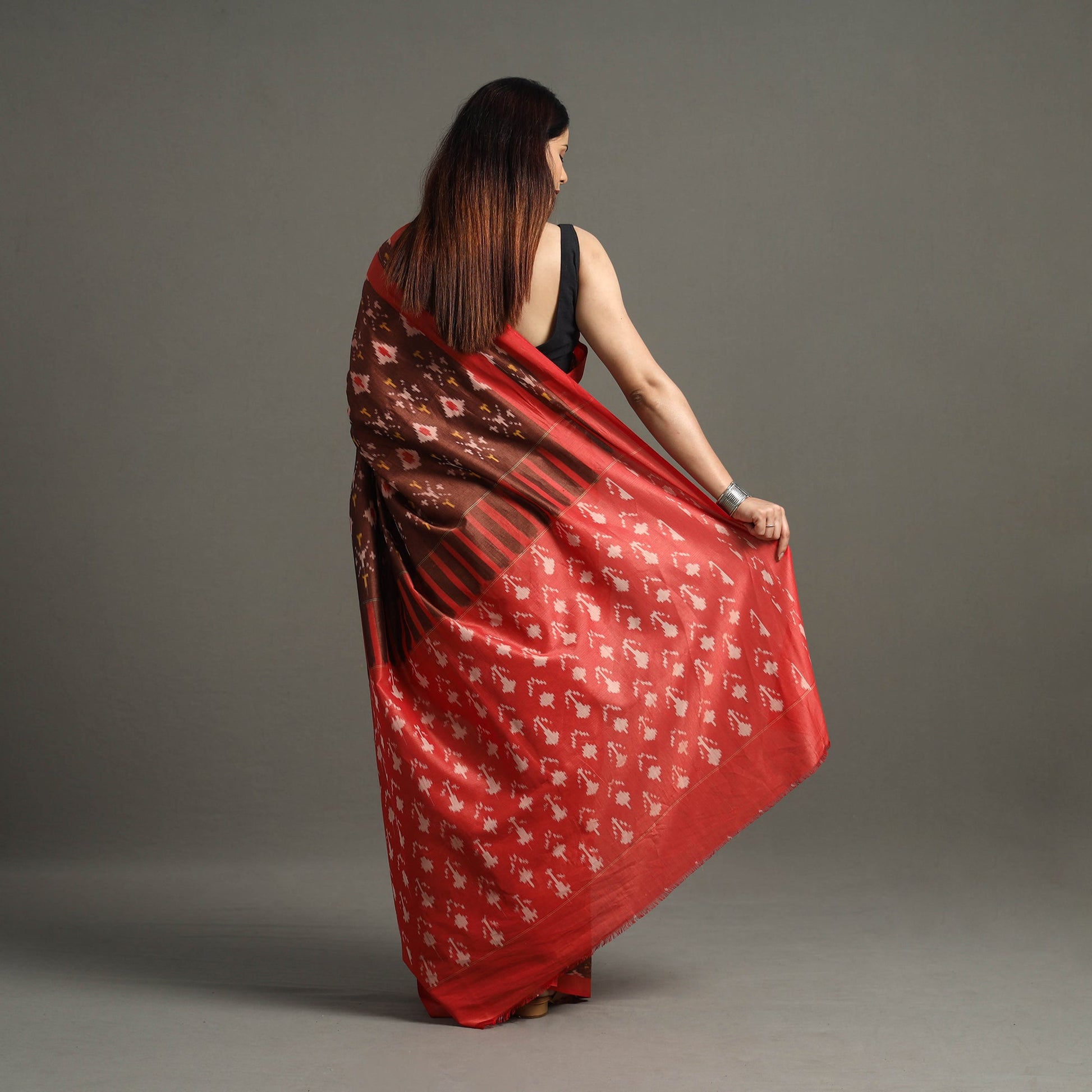 Brown - Mercerised Cotton Pochampally Ikat Saree 02