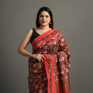 Brown - Mercerised Cotton Pochampally Ikat Saree 02