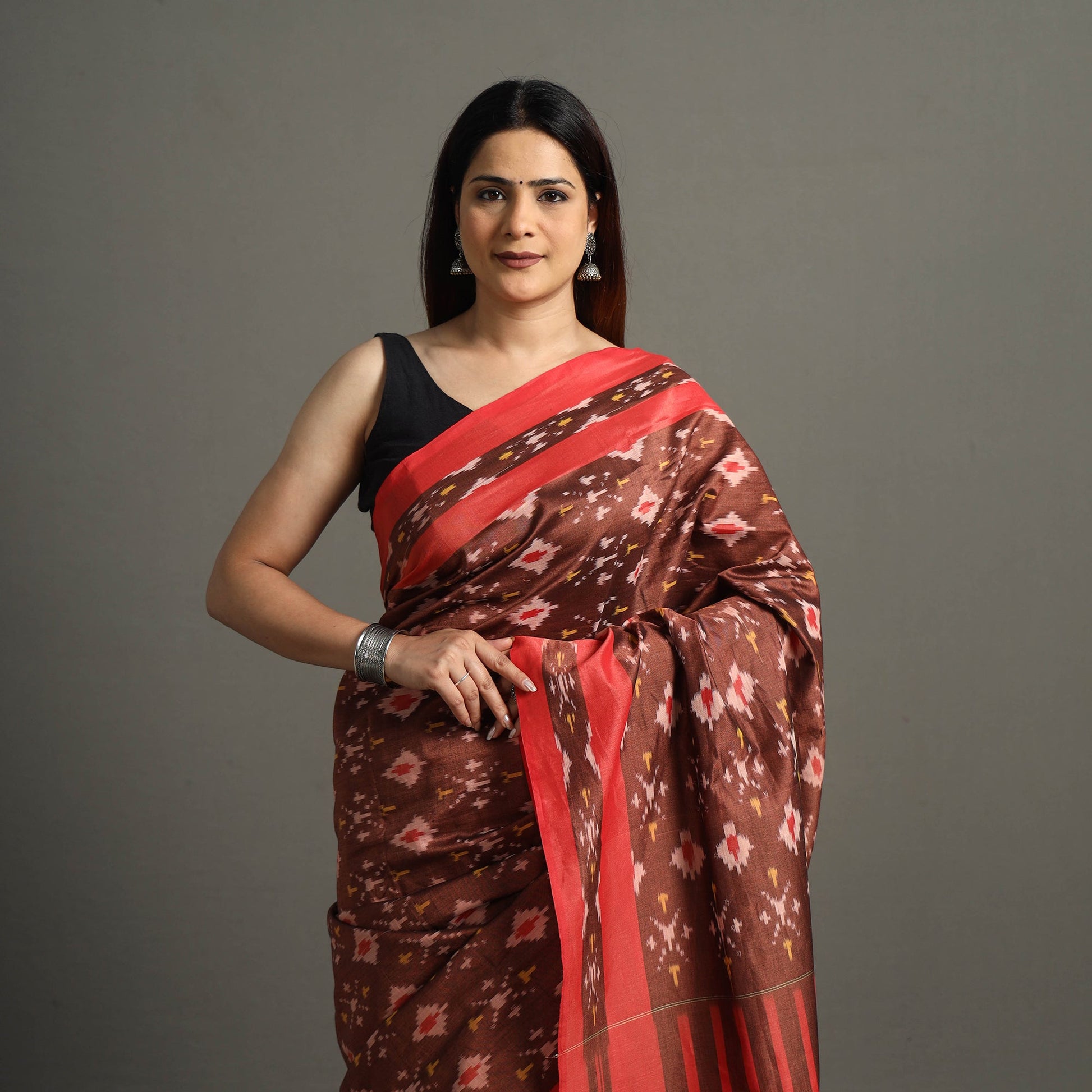 Brown - Mercerised Cotton Pochampally Ikat Saree 02