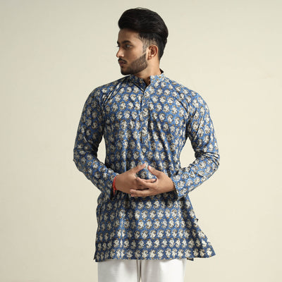 Blue - Bagru Block Printed Cotton Men Short Kurta
