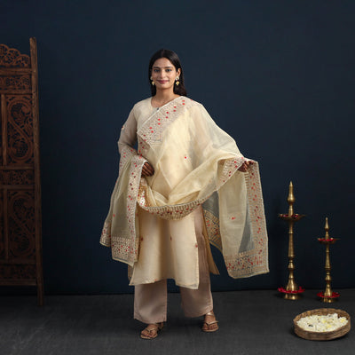Beige - Elegant Gota Work Silk Kota Doria Kurta Set 10