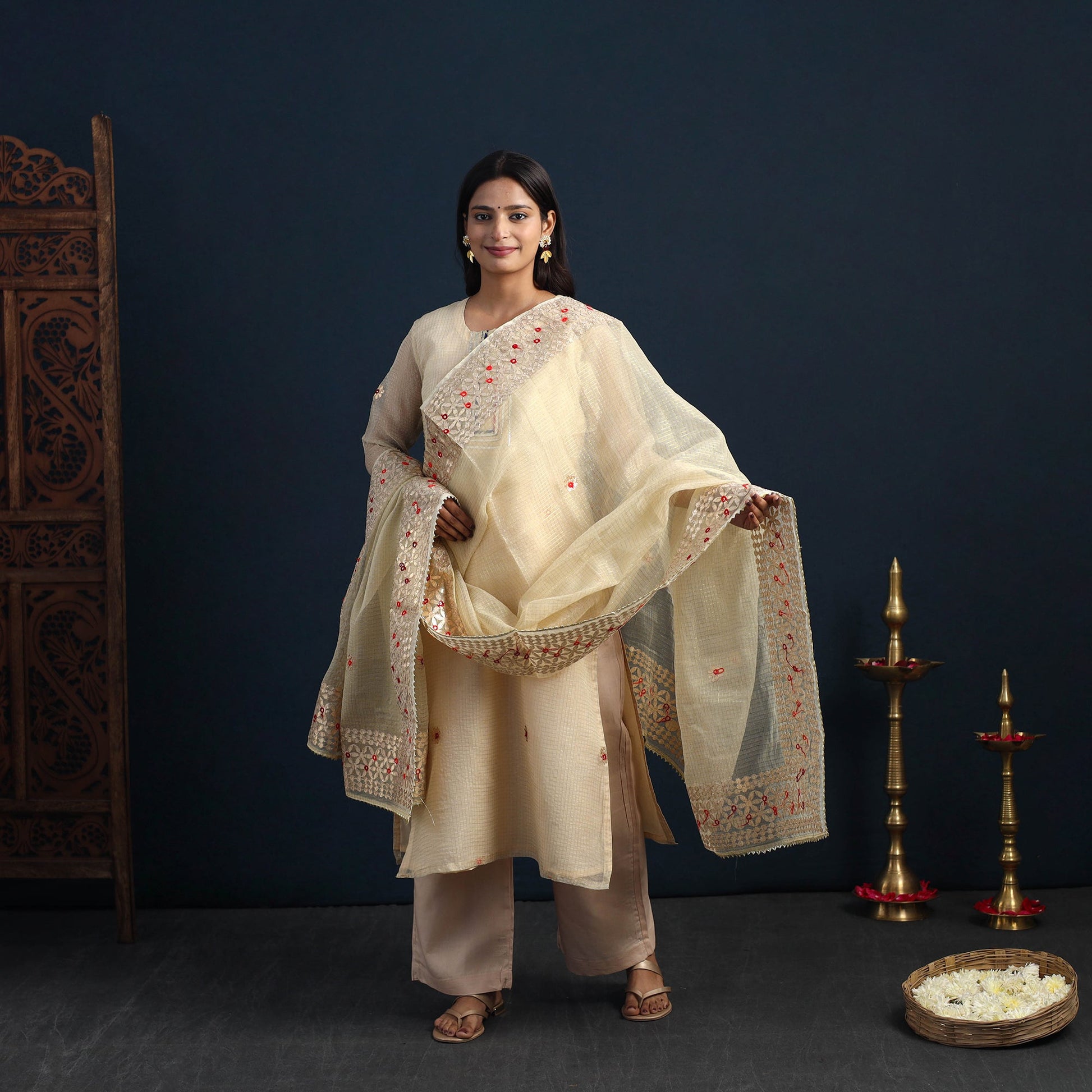 Beige - Elegant Gota Work Silk Kota Doria Kurta Set 10