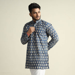 Blue - Bagru Block Printed Cotton Men Short Kurta