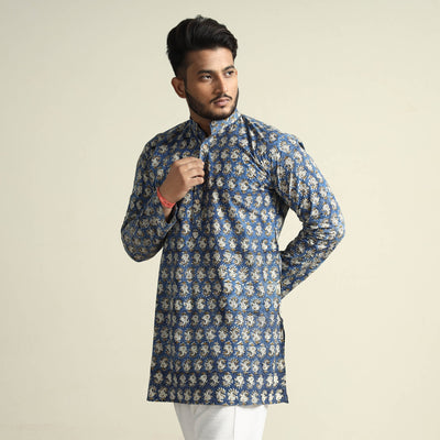 Blue - Bagru Block Printed Cotton Men Short Kurta
