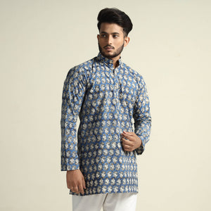 Blue - Bagru Block Printed Cotton Men Short Kurta