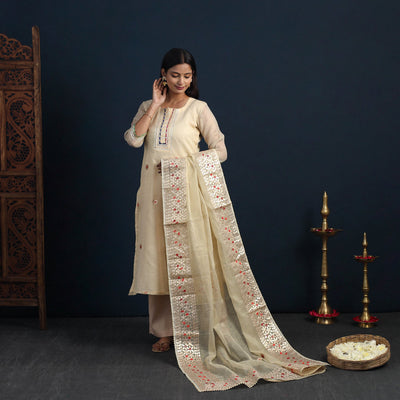 Beige - Elegant Gota Work Silk Kota Doria Kurta Set 10