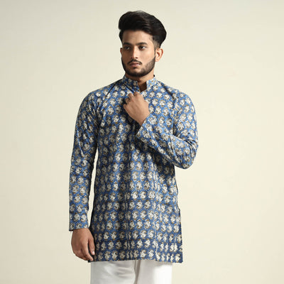 Blue - Bagru Block Printed Cotton Men Short Kurta