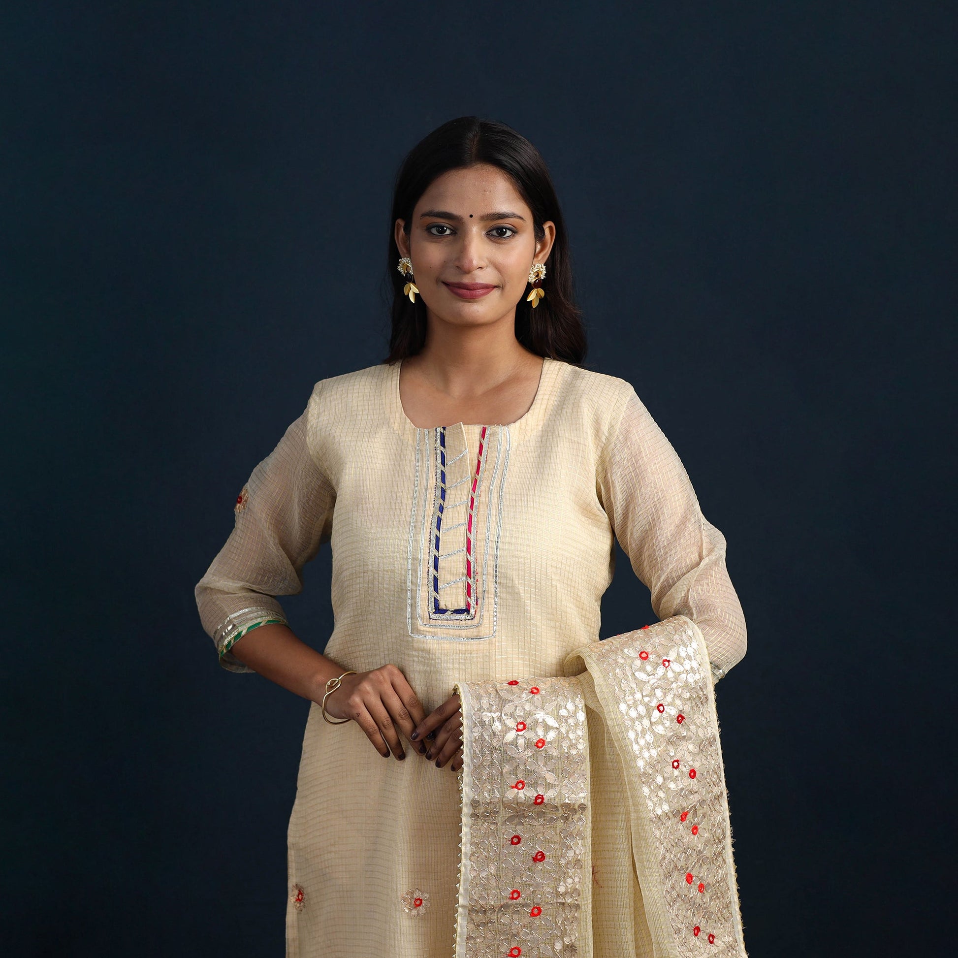 Beige - Elegant Gota Work Silk Kota Doria Kurta Set 10