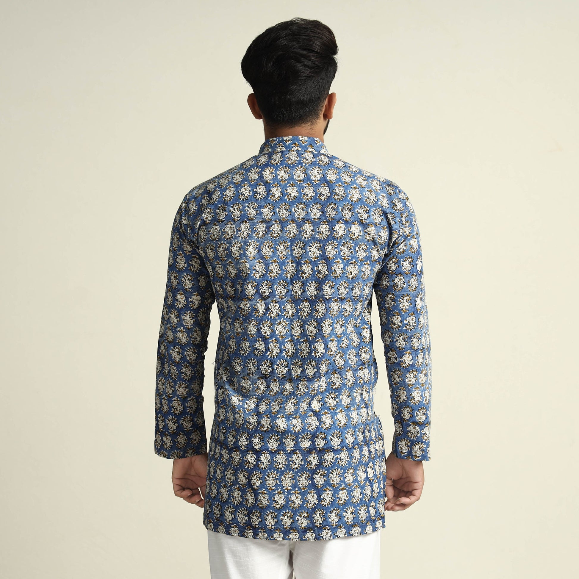 Blue - Bagru Block Printed Cotton Men Short Kurta