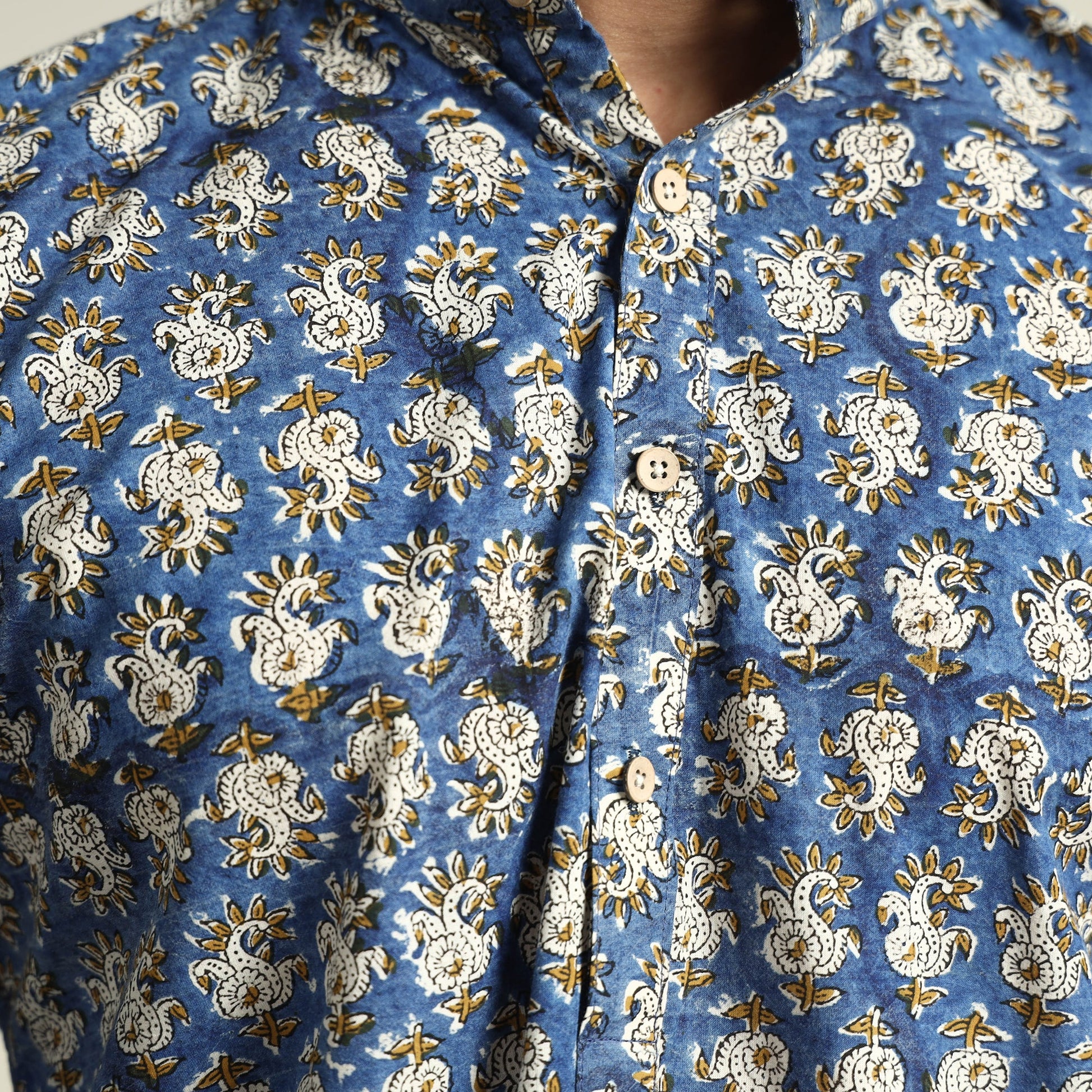 Blue - Bagru Block Printed Cotton Men Short Kurta