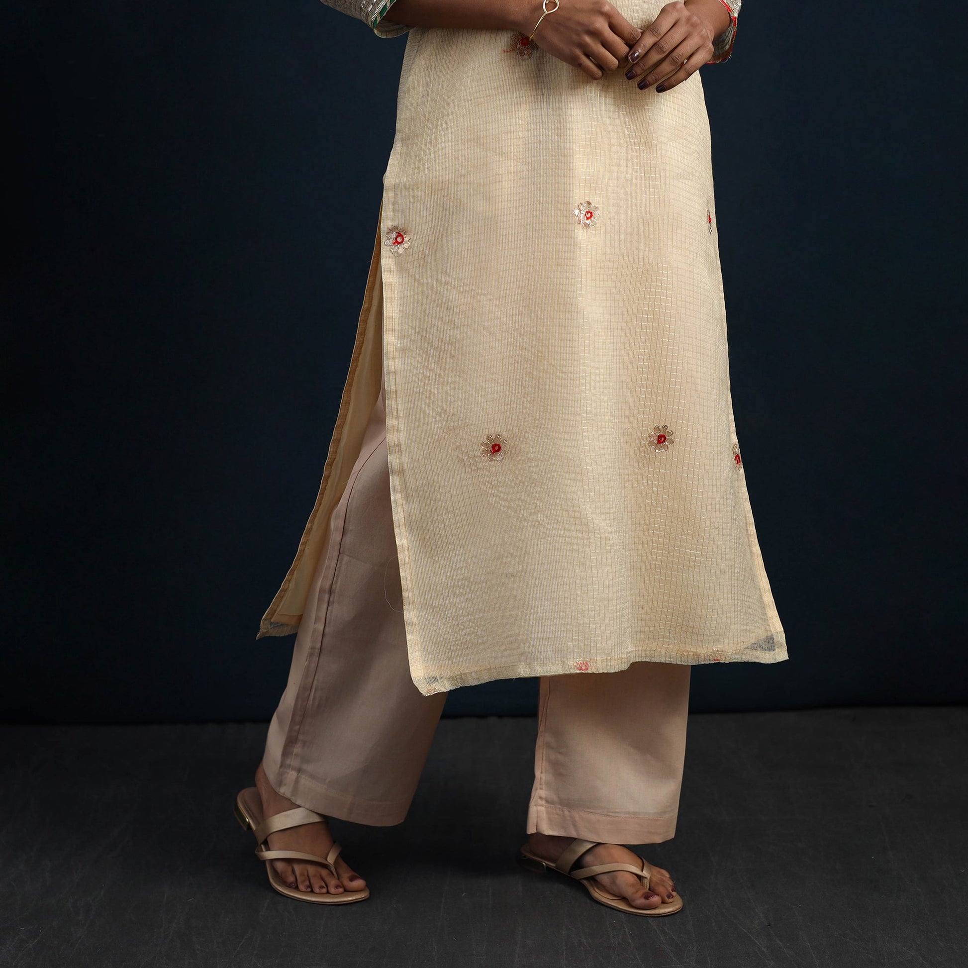 Beige - Elegant Gota Work Silk Kota Doria Kurta Set 10