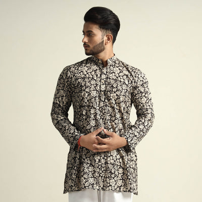 Black & White Tropical Flowers Bagru Block Printed Cotton Men Short Kurta