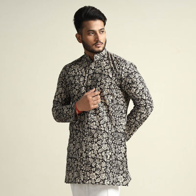 Black & White Tropical Flowers Bagru Block Printed Cotton Men Short Kurta