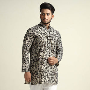 Black & White Tropical Flowers Bagru Block Printed Cotton Men Short Kurta