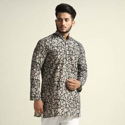 Black & White Tropical Flowers Bagru Block Printed Cotton Men Short Kurta