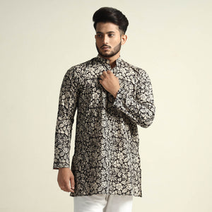 Black & White Tropical Flowers Bagru Block Printed Cotton Men Short Kurta