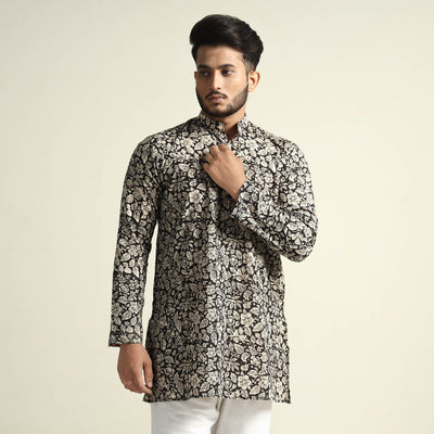 Black & White Tropical Flowers Bagru Block Printed Cotton Men Short Kurta