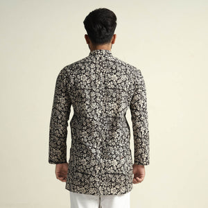 Black & White Tropical Flowers Bagru Block Printed Cotton Men Short Kurta