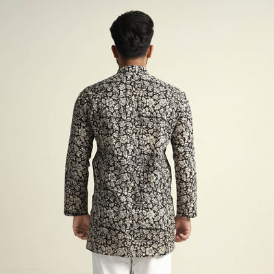 Black & White Tropical Flowers Bagru Block Printed Cotton Men Short Kurta