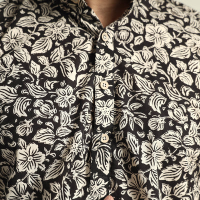 Black & White Tropical Flowers Bagru Block Printed Cotton Men Short Kurta