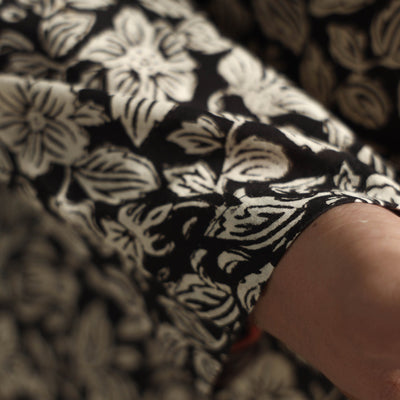 Black & White Tropical Flowers Bagru Block Printed Cotton Men Short Kurta