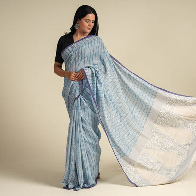 Blue - Bengal Kantha Hand Embroidery Handloom Cotton Saree with Tassels 18