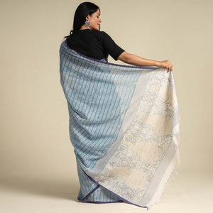 Blue - Bengal Kantha Hand Embroidery Handloom Cotton Saree with Tassels 18