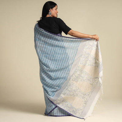 Blue - Bengal Kantha Hand Embroidery Handloom Cotton Saree with Tassels 18