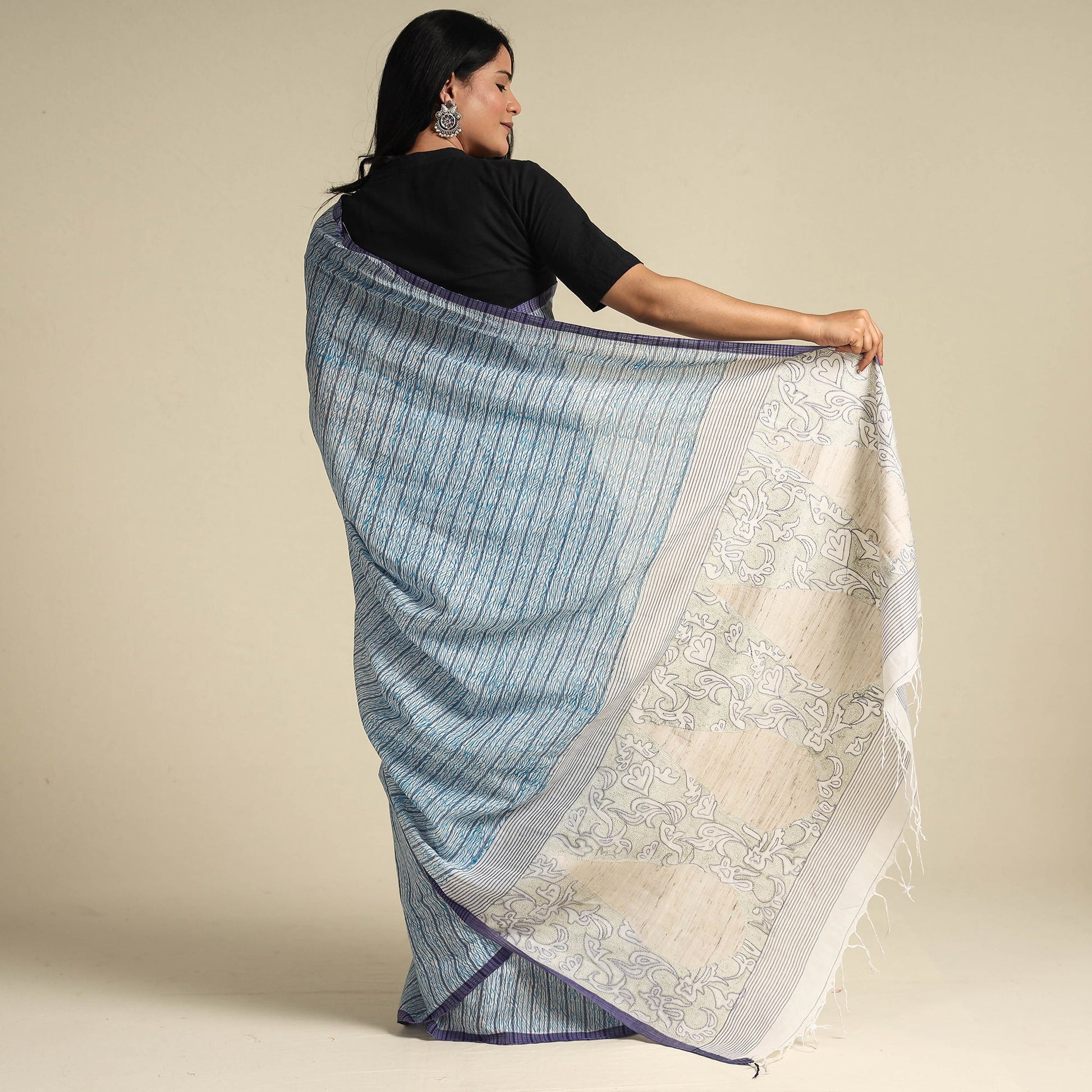 Blue - Bengal Kantha Hand Embroidery Handloom Cotton Saree with Tassels 18