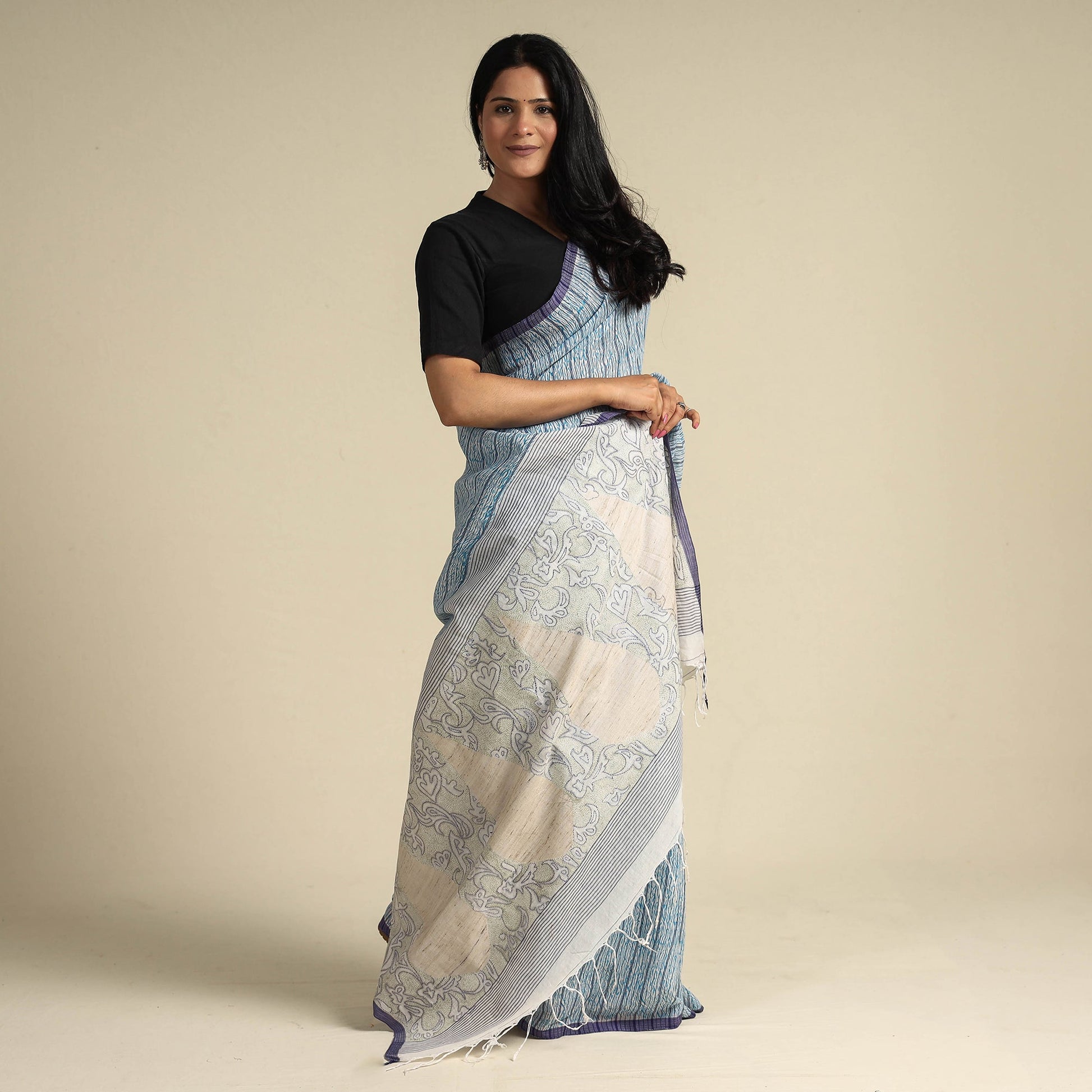 Blue - Bengal Kantha Hand Embroidery Handloom Cotton Saree with Tassels 18