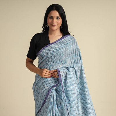 Blue - Bengal Kantha Hand Embroidery Handloom Cotton Saree with Tassels 18