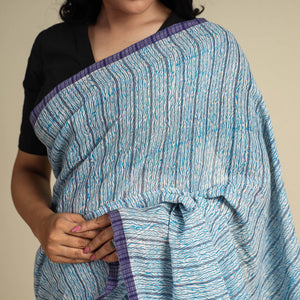 Blue - Bengal Kantha Hand Embroidery Handloom Cotton Saree with Tassels 18