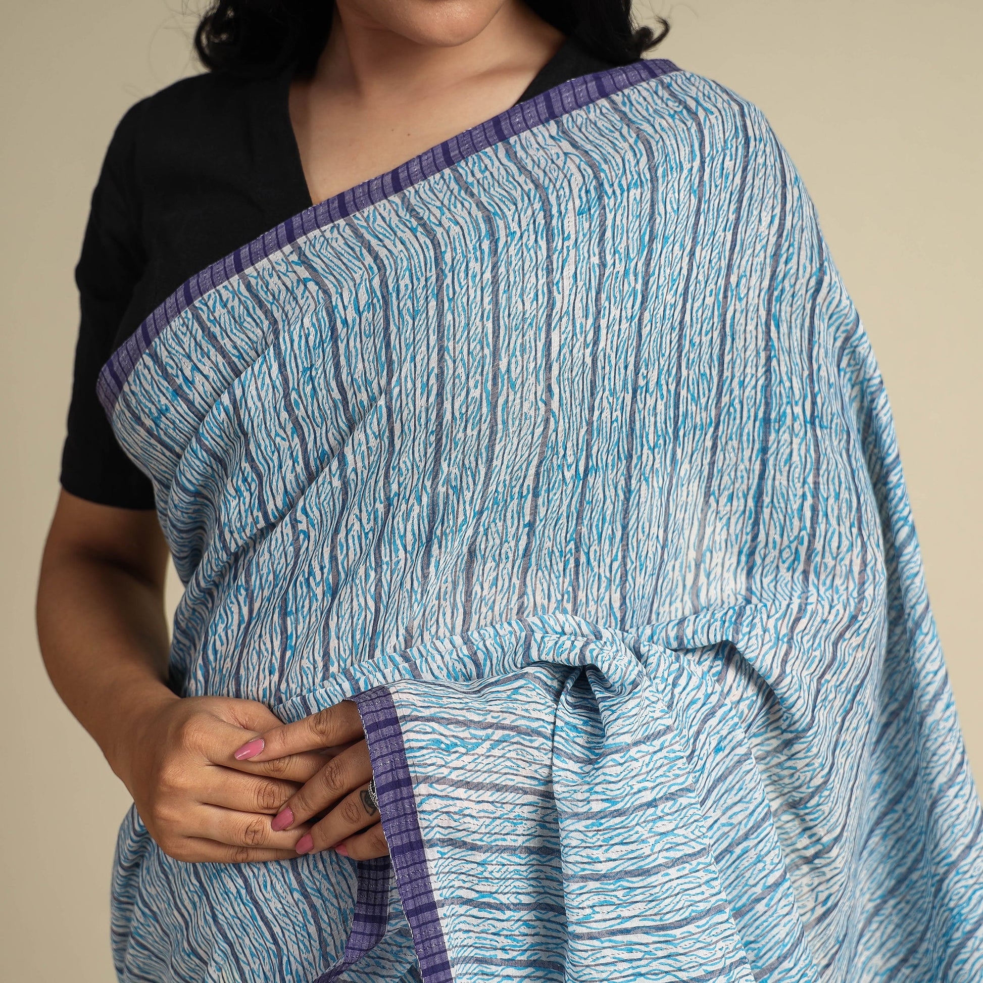 Blue - Bengal Kantha Hand Embroidery Handloom Cotton Saree with Tassels 18