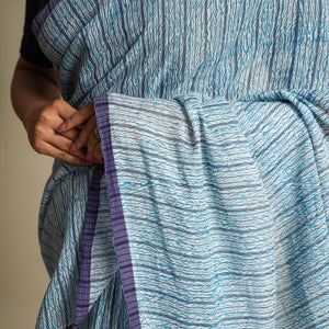 Blue - Bengal Kantha Hand Embroidery Handloom Cotton Saree with Tassels 18