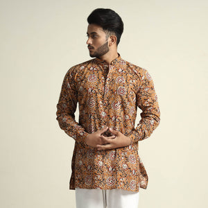 Brown - Mustard Yellow - with Gulbahar Jaal Bagru Block Printed Cotton Men Short Kurta