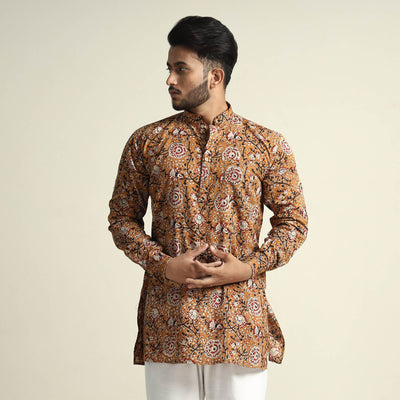 Brown - Mustard Yellow - with Gulbahar Jaal Bagru Block Printed Cotton Men Short Kurta