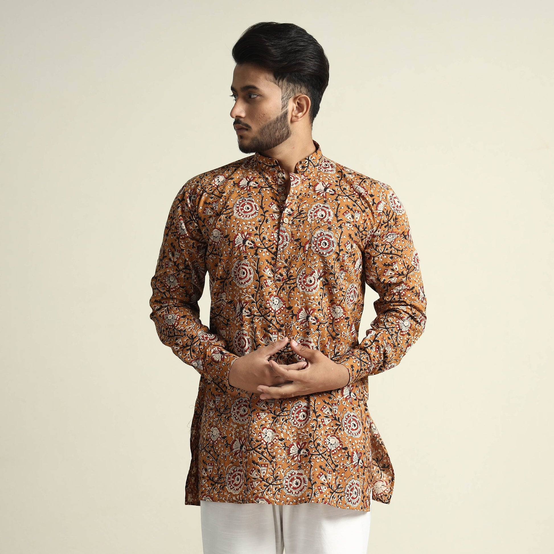 Brown - Mustard Yellow - with Gulbahar Jaal Bagru Block Printed Cotton Men Short Kurta