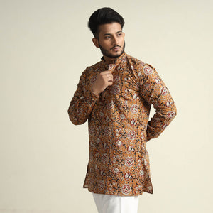 Brown - Mustard Yellow - with Gulbahar Jaal Bagru Block Printed Cotton Men Short Kurta