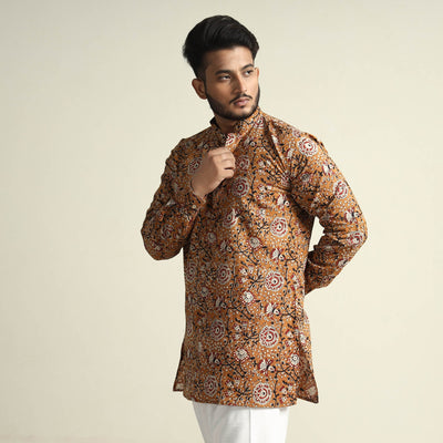 Brown - Mustard Yellow - with Gulbahar Jaal Bagru Block Printed Cotton Men Short Kurta