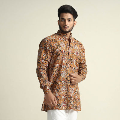 Brown - Mustard Yellow - with Gulbahar Jaal Bagru Block Printed Cotton Men Short Kurta